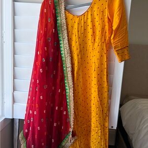 Mustard Yellow and Red Cotton churidar Punjabi suit dress size small